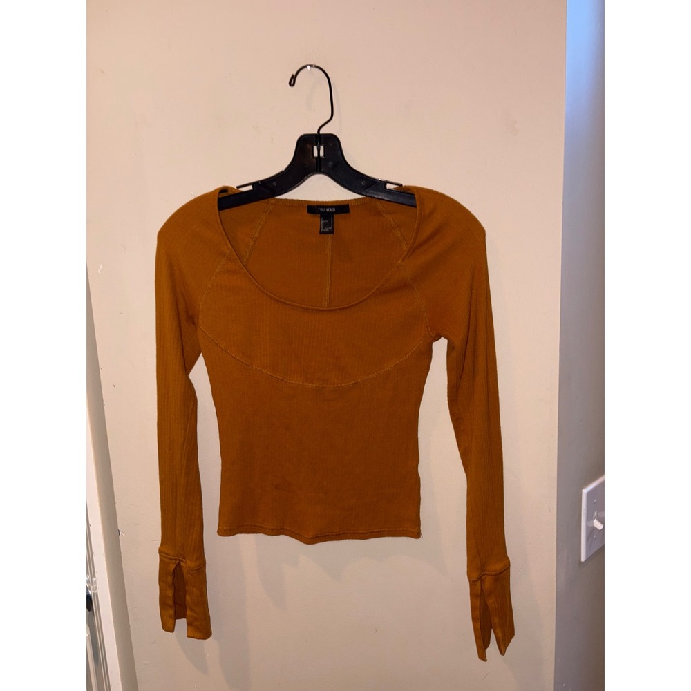 Forever 21 Womens Mustard Orange‎ Ribbed Scoop Neck Long Sleeve Top Small